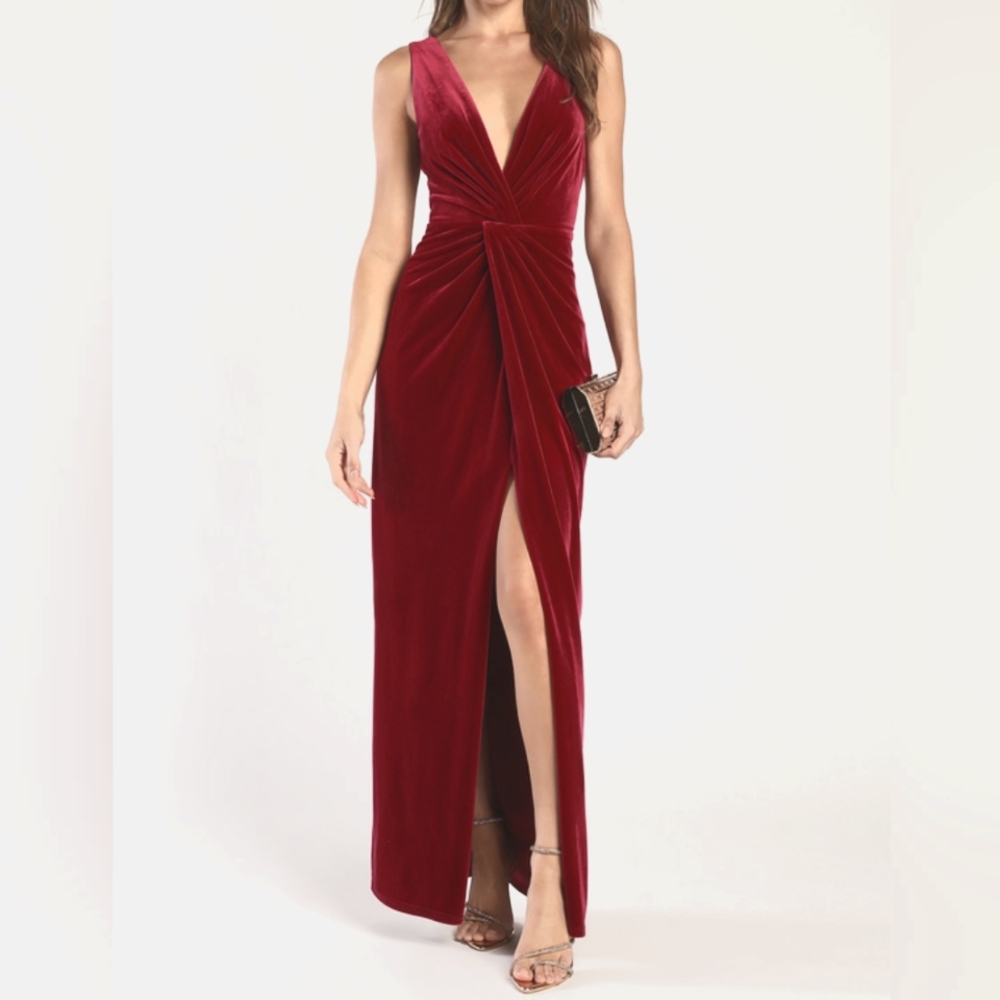 Sz M Lulu's Velour ("Velvet") Twist Front Split Maxi Dress/Gown in Wine